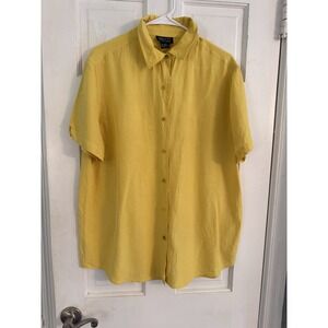 NY & Co Women's Sz L Silk Linen Button Front Short Sleeve Summer Beach Yellow